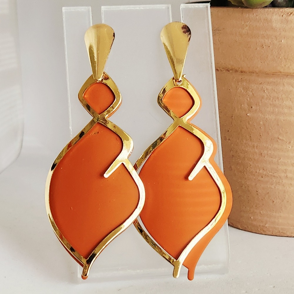 Orange Gold‎ Abstract Geometric Statement Drop Earrings Matte Wave Post Back - Picture 2 of 8